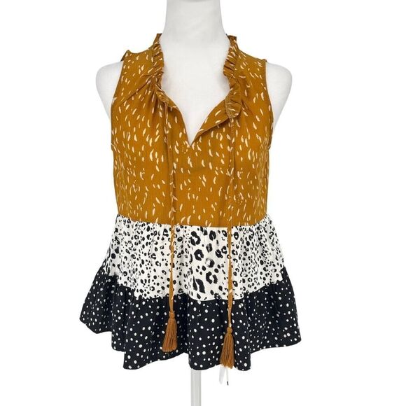 THML Tops - THML Women's Sleeveless Ruffle Peplum Top XS Tiered Animal Dot Print Boho Blouse